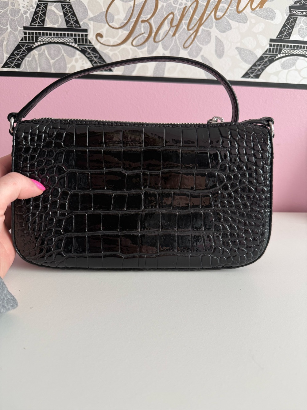 Michael Kors Black Croc-Embossed Mini Top-Handle Bag - Picture 3 of 7